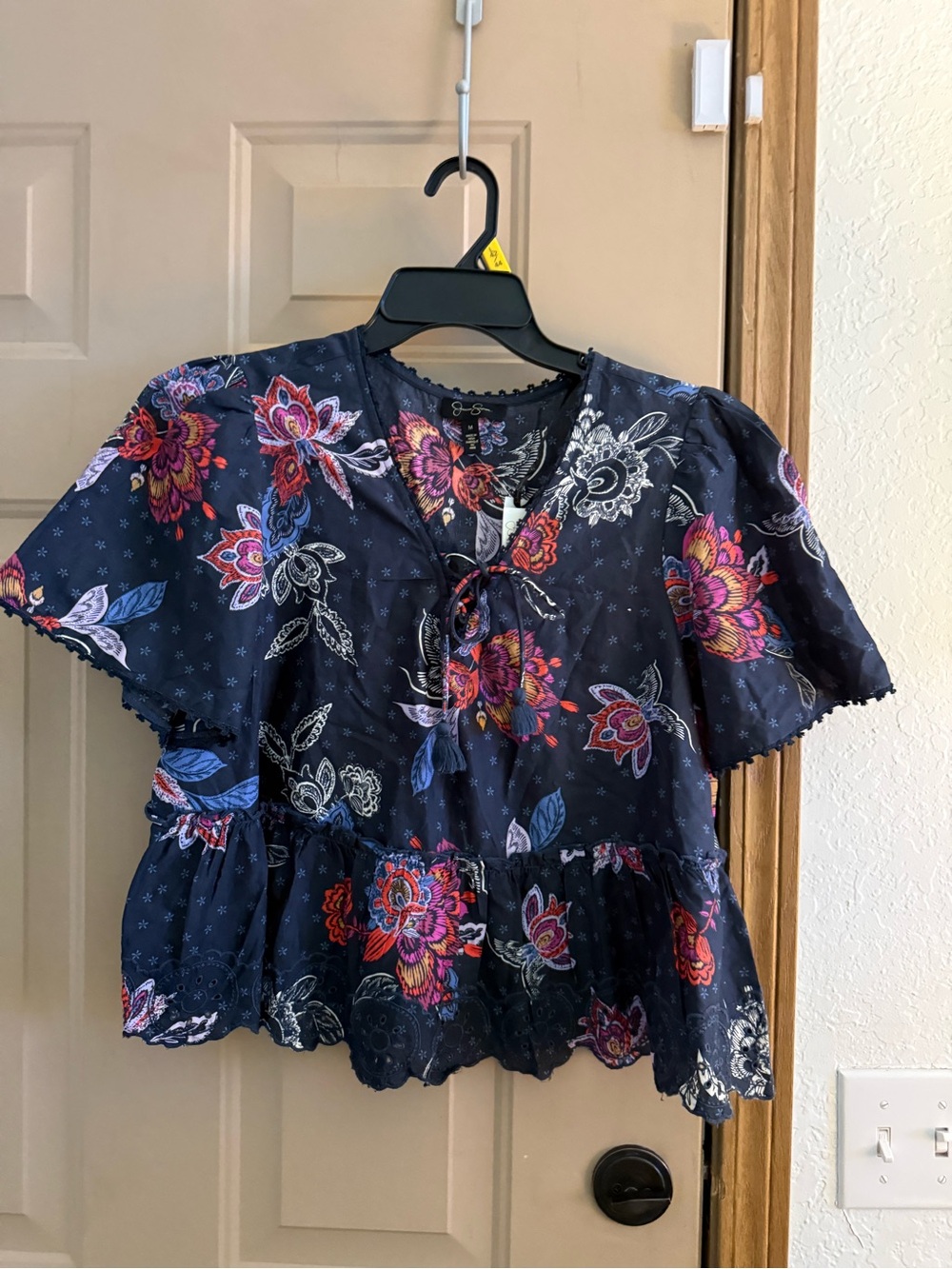 Jessica Simpson Navy Floral Tie-Front Peplum Blouse